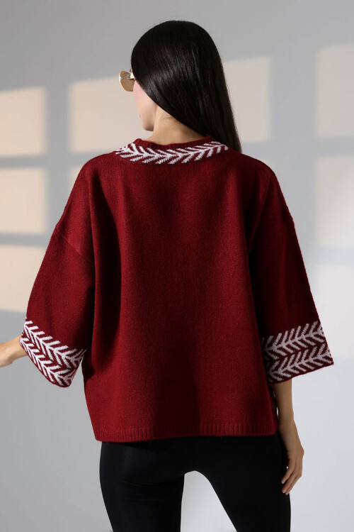 Bordo Bisiklet Yaka Desenli Triko Kazak BCES-252038