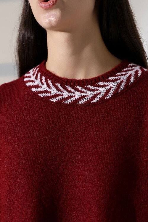 Bordo Bisiklet Yaka Desenli Triko Kazak BCES-252038