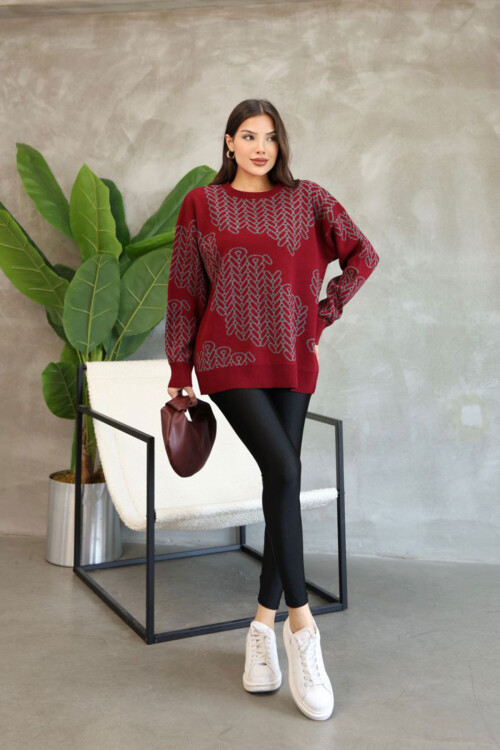 Bordo Bisiklet Yaka Desenli Triko Kazak BCES-252046