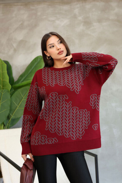 Bordo Bisiklet Yaka Desenli Triko Kazak BCES-252046