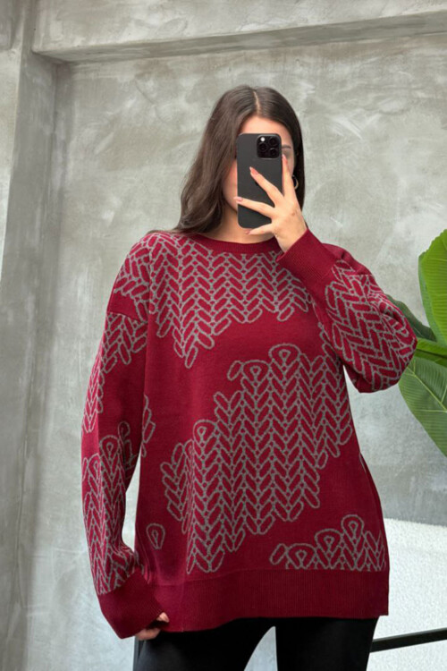 Bordo Bisiklet Yaka Desenli Triko Kazak BCES-252046