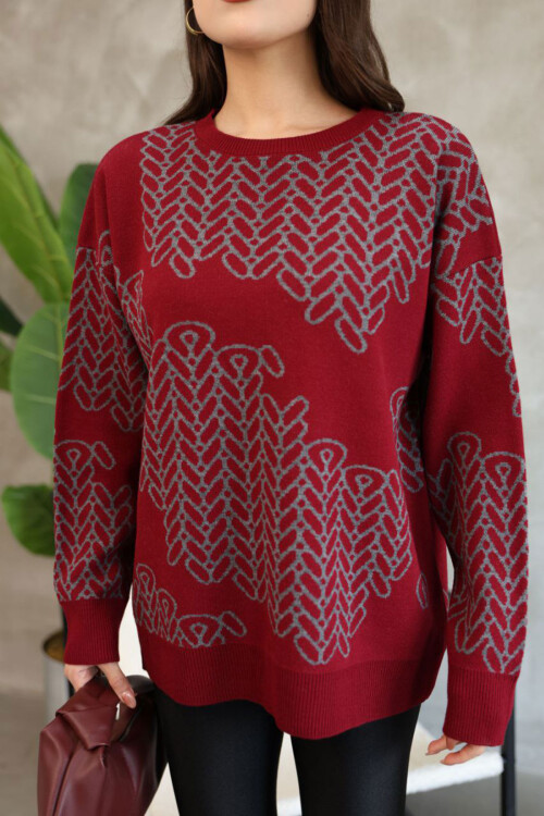 Bordo Bisiklet Yaka Desenli Triko Kazak BCES-252046