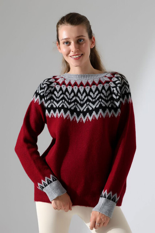 Bordo Bisiklet Yaka Kar Desenli Triko Kazak BCES-252028