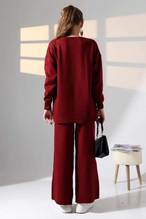 Bordo Bisiklet Yaka Kazak Ve Geniş Paça Pantolon Alt Üst Triko Takım BCES-252005