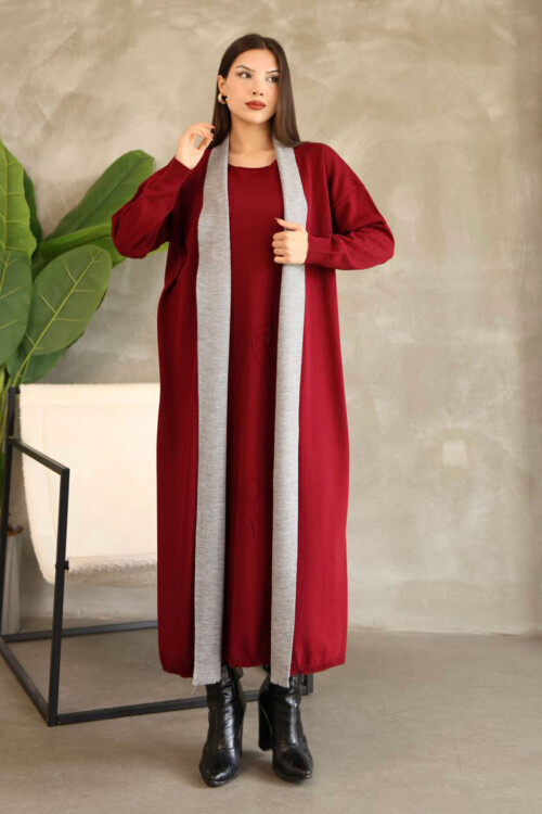 Bordo Bisiklet Yaka Triko Elbise BCES-252024