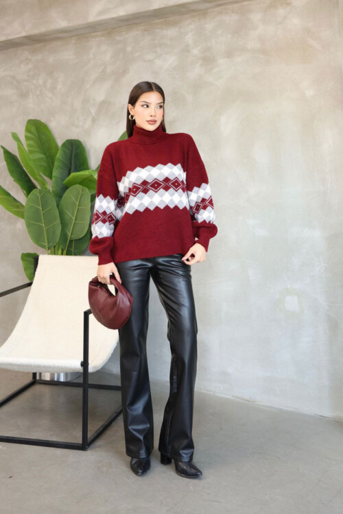 Bordo Boğazlı Desenli Triko Kazak BCES-252010