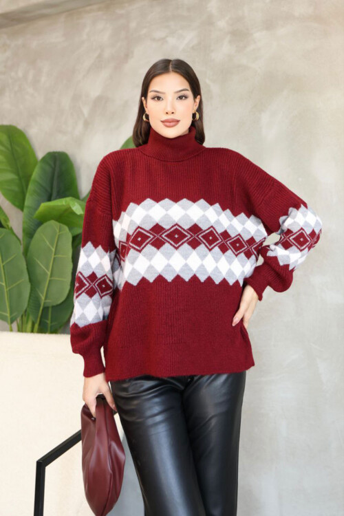 Bordo Boğazlı Desenli Triko Kazak BCES-252010