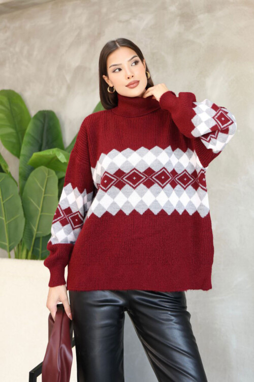 Bordo Boğazlı Desenli Triko Kazak BCES-252010