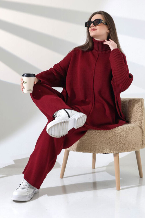 Bordo Boğazlı Salaş Kesim Kazak Ve Fit Pantolon Alt Üst Triko Takım BCES-252033