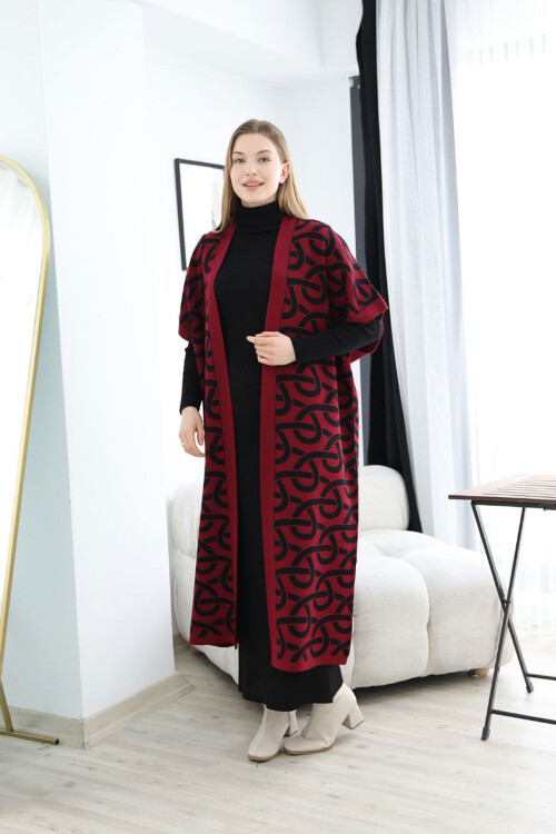 Bordo Boğazlı Triko Elbise Ve Uzun Desenli Hırka Alt Üst Takım BCES-252040