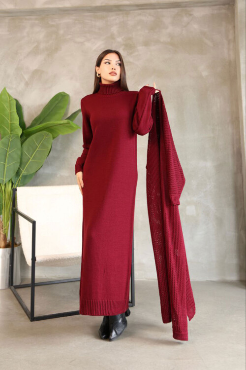Bordo Boğazlı Uzun Kol Triko Elbise Ve Uzun Hırka Tesettür Alt Üst Triko Takım BCES-252039