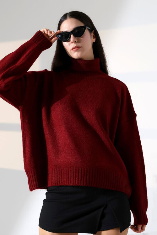 Bordo Boğazlı Yumuşak Dokulu Triko Kazak BCES-252023