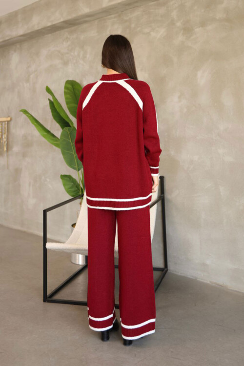 Bordo Çizgi Detaylı Bisiklet Yaka Tunik Ve Geniş Paça Triko Alt Üst Takım BCES-252030
