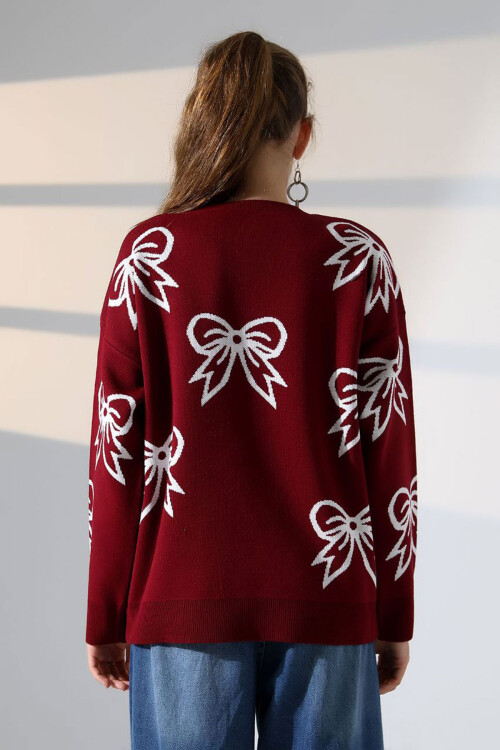 Bordo Fiyonk Desenli Triko Kazak BCES-252045