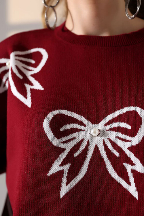 Bordo Fiyonk Desenli Triko Kazak BCES-252045