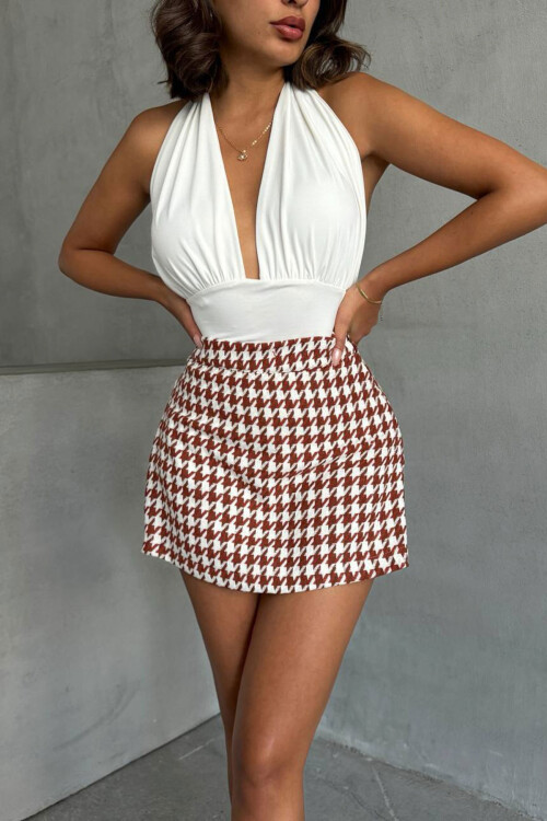 Bordo Kapaklı Kazayağı Desenli Şort Etek BCHN-2526218