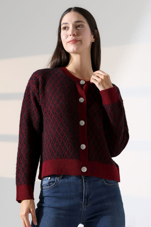 Bordo Kare Çizgi Desenli Düğmeli Triko Hırka BCES-252004