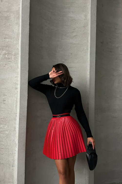 Bordo Piliseli Yüksek Bel Etek BCHN-25261564