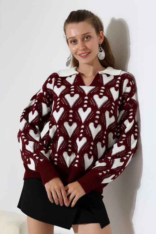 Bordo Polo Yaka Kalp Desenli Triko Kazak BCES-252026