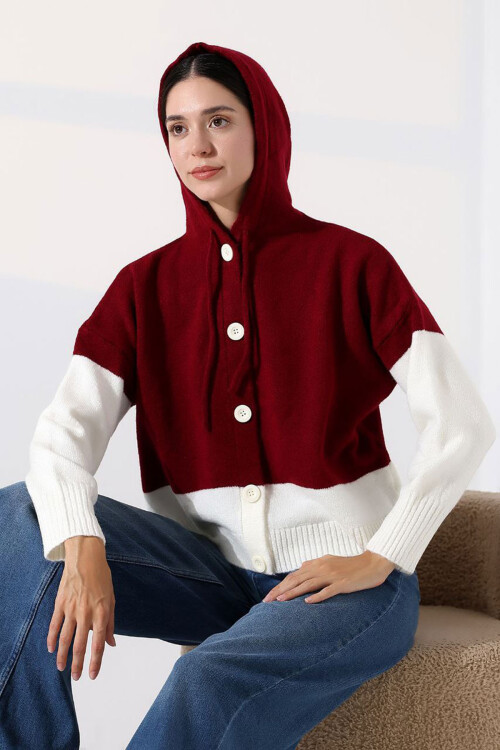 Bordo Renk Bloklu Kapüşonlu Düğmeli Triko Hırka BCES-252017