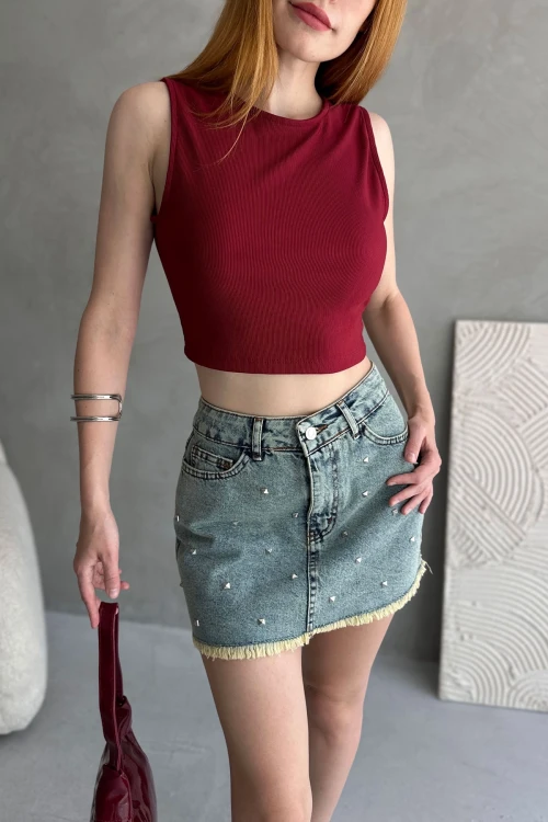 Bordo Sırtı Kemer Detaylı Kaşkorse Crop Bluz