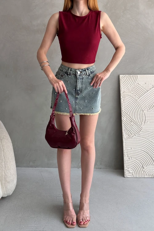 Bordo Sırtı Kemer Detaylı Kaşkorse Crop Bluz
