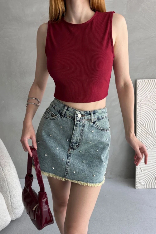 Bordo Sırtı Kemer Detaylı Kaşkorse Crop Bluz