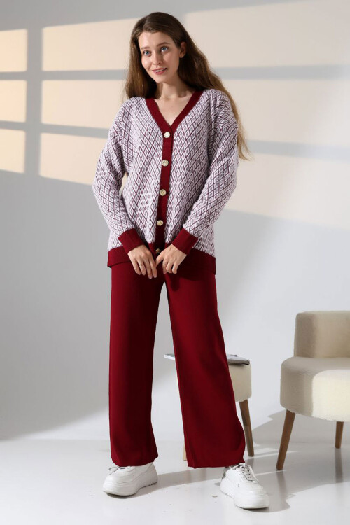 Bordo V Yaka Düğmeli Hırka Ve Pantolon Alt Üst Triko Takım BCES-252011