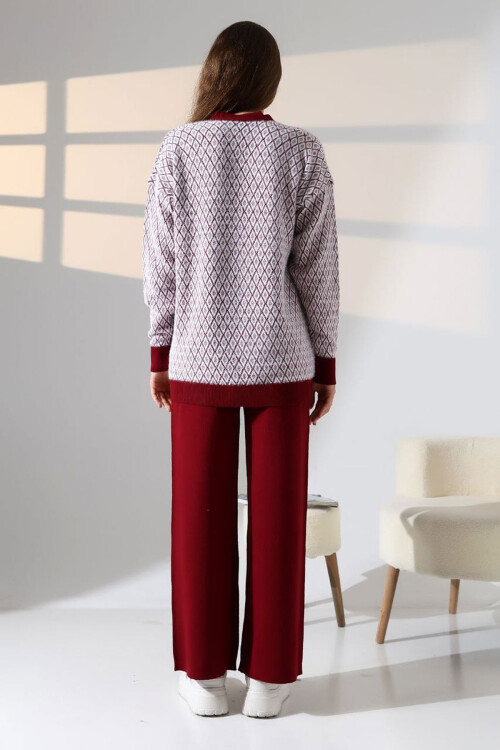 Bordo V Yaka Düğmeli Hırka Ve Pantolon Alt Üst Triko Takım BCES-252011