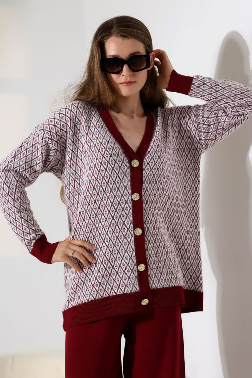 Bordo V Yaka Düğmeli Hırka Ve Pantolon Alt Üst Triko Takım BCES-252011