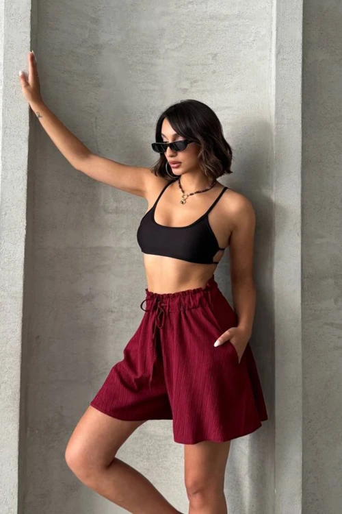 Bordo Volanlı Rahat Kalıp Beli Lastikli Keten Şort BCHN-25255058