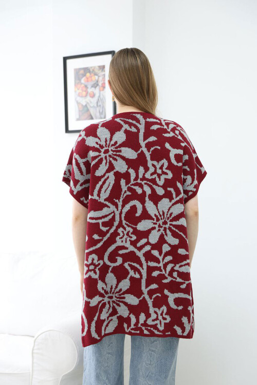 Bordo Yarım Kol Desenli Triko Hırka BCES-252007