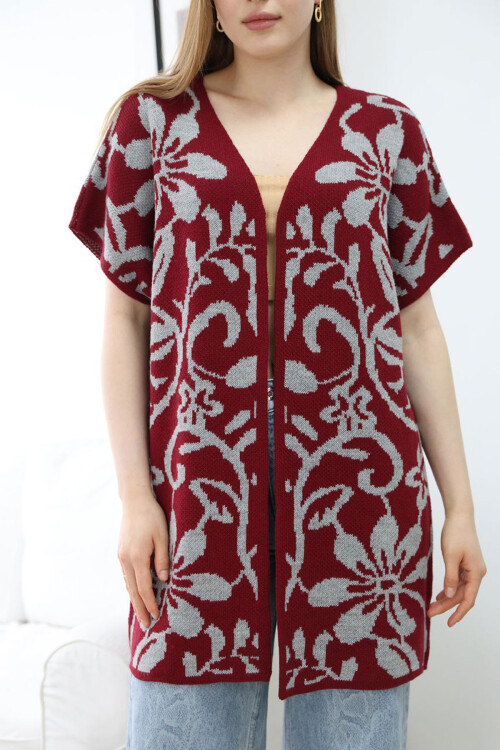 Bordo Yarım Kol Desenli Triko Hırka BCES-252007