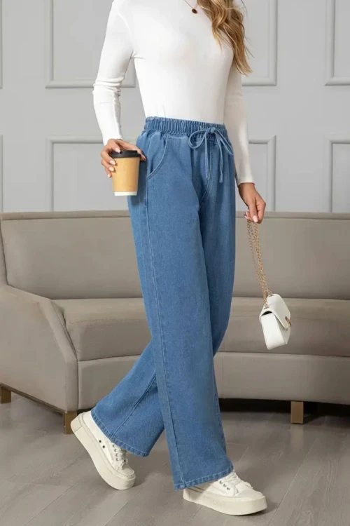 Buz Mavi Beli Lastikli Bol Paça Cepli Yıkamalı Kot Pantolon BCBSK-25700-KT-0088