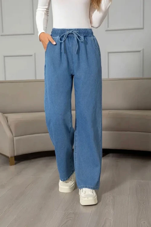 Buz Mavi Beli Lastikli Bol Paça Cepli Yıkamalı Kot Pantolon BCBSK-25700-KT-0088