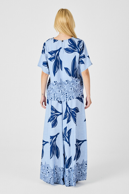 Buz Mavi Yaprak Desenli Oversize Bluz Ve Bol Paça Pantolon Takım BCVL-254029