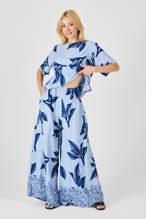 Buz Mavi Yaprak Desenli Oversize Bluz Ve Bol Paça Pantolon Takım BCVL-254029