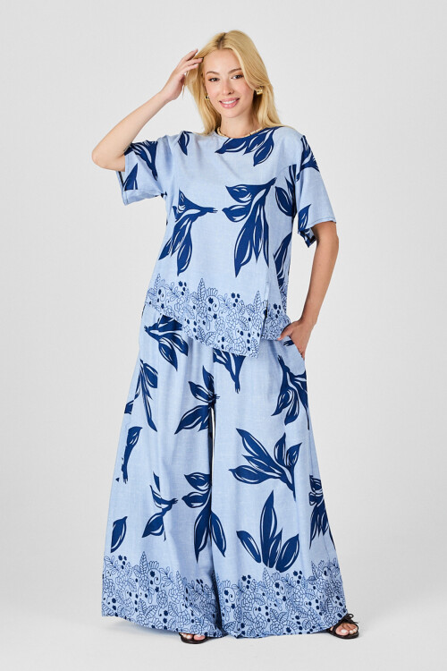 Buz Mavi Yaprak Desenli Oversize Bluz Ve Bol Paça Pantolon Takım BCVL-254029