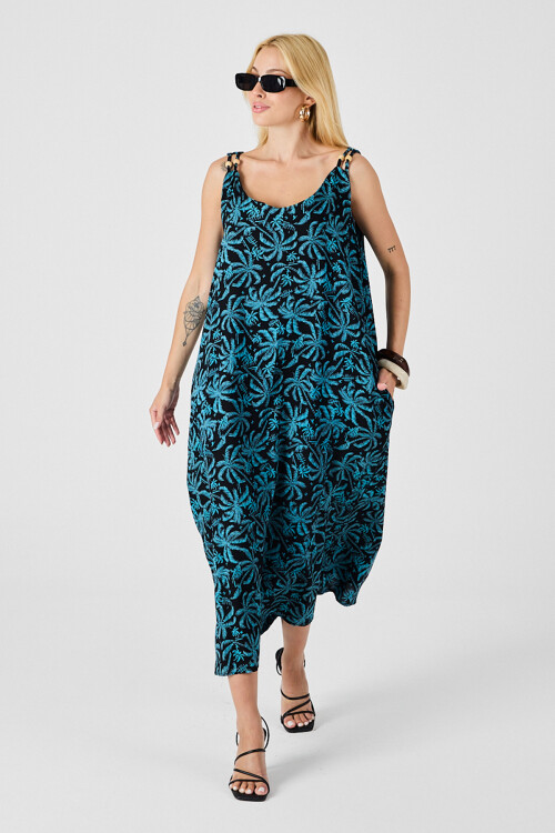 Cam Göbeği Askılı Boncuk Detaylı Çift Cepli Desenli Salaş Elbise BCVL-254027