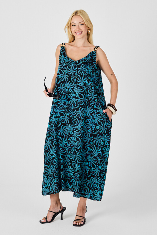 Cam Göbeği Askılı Boncuk Detaylı Çift Cepli Desenli Salaş Elbise BCVL-254027