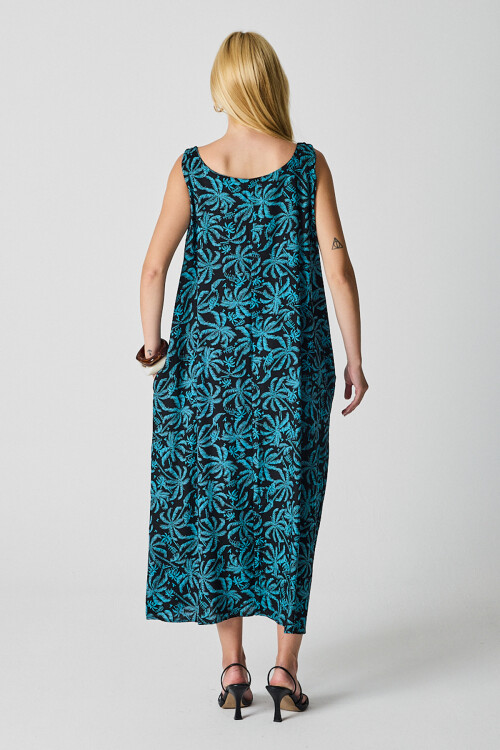 Cam Göbeği Askılı Boncuk Detaylı Çift Cepli Desenli Salaş Elbise BCVL-254027