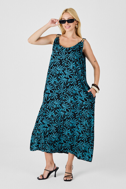 Cam Göbeği Askılı Boncuk Detaylı Çift Cepli Desenli Salaş Elbise BCVL-254027