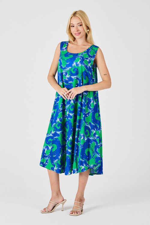 Cam Göbeği U Yaka Kolsuz Asimetrik Kesim Midi Boy Elbise BCVL-254017