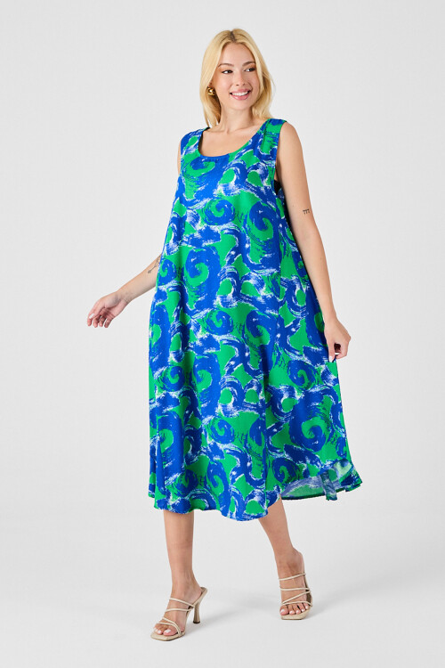 Cam Göbeği U Yaka Kolsuz Asimetrik Kesim Midi Boy Elbise BCVL-254017