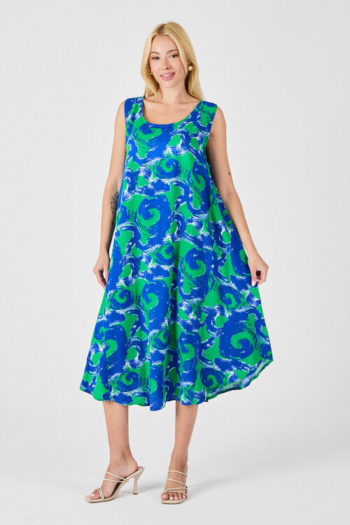 Cam Göbeği U Yaka Kolsuz Asimetrik Kesim Midi Boy Elbise BCVL-254017