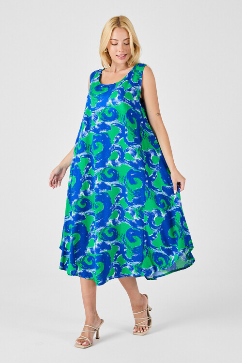 Cam Göbeği U Yaka Kolsuz Asimetrik Kesim Midi Boy Elbise BCVL-254017