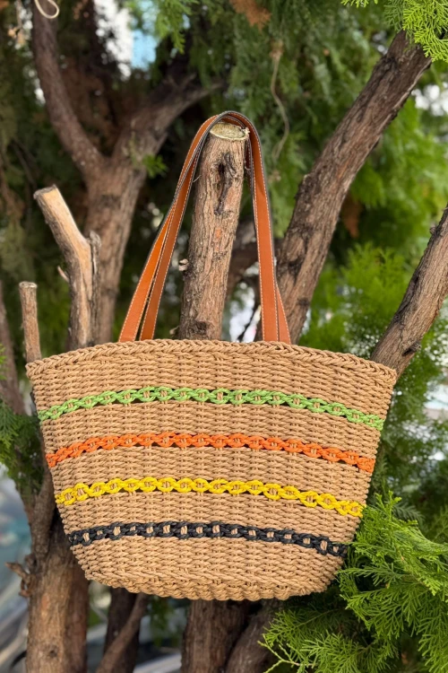 Camel Şeritli Hasır Çanta BCNSV-25NWC-1017