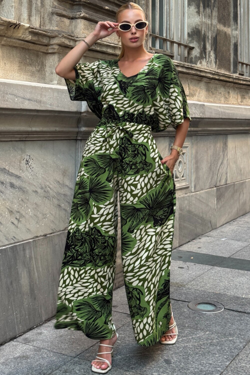 Ceviz Yeşili Desenli V Yaka Yarım Kol Bluz Ve Beli Lastikli Palazzo Pantolon Takım BCVL-254001