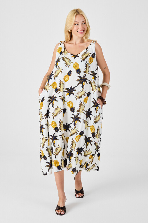 Ekru Askılı Boncuk Detaylı Çift Cepli Desenli Salaş Elbise BCVL-254027