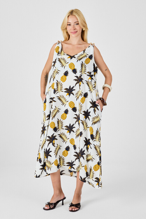 Ekru Askılı Boncuk Detaylı Çift Cepli Desenli Salaş Elbise BCVL-254027